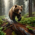 Grizzly bear walks through American forest