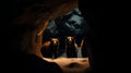Grizzly bears in cave. Wildlife scene with brown bears at night