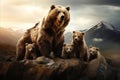 Grizzly Bears Family Adventure. Big mother Bear and Cubs in the Enchanting Mountain Landscape