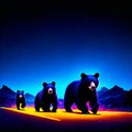 Grizzly bears in the night, 3d illustration. generative AI