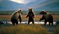 Grizzly bears playing with other bears, tackling, generative AI Royalty Free Stock Photo