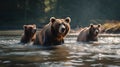 Grizzly bears are swimming in the river. Scientific name: Ursus arctos.