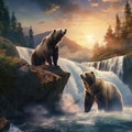 Ai Generated illustration Wildlife Concept of Grizzly bears on waterfall Royalty Free Stock Photo