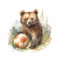 Grizzly brown bear with a ball watercolor painting, minimalism, paint stylized