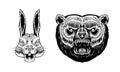 Grizzly brown bear and Hare or rabbit. Screaming mad animal for tattoo or label. Roaring beast. Engraved hand drawn line