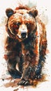 Grizzly brown bear walking vertical portrait design in watercolor