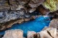 Grjotagja cave in Iceland with thermal spring hot amazing blue water, small lava cave