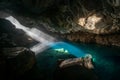 Grjotagja volcanic cave with an incredibly blue and hot thermal water near lake Myvatn. The geothermal grotto and cave