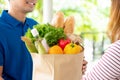 Groceries delivered to customer at home by a delivery man