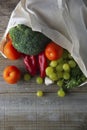 Groceries in eco bag. Eco natural bag with fruits and vegetables. Zero waste food shopping. Plastic free items. reuse, reduce, Royalty Free Stock Photo