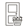 Groceries shopping basket with bread, milk and fruit food at the door. Vector thin line icon for delivery from online shop order