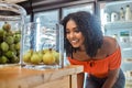 Groceries, shopping local and sustainability, woman buying fresh, organic fruit and vegetables in eco friendly Royalty Free Stock Photo