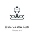 Groceries store scale outline vector icon. Thin line black groceries store scale icon, flat vector simple element illustration