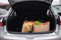 Groceries from a supermarket in a car trunk. Food delivery during quarantine. Cruft Paper eco bags for shopping. Fresh