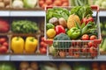 Grocery abundance Colorful fruits and vegetables fill the shopping cart Royalty Free Stock Photo