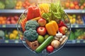 Grocery abundance Colorful fruits and vegetables fill the shopping cart Royalty Free Stock Photo