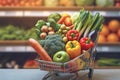 Grocery abundance Colorful fruits and vegetables fill the shopping cart Royalty Free Stock Photo