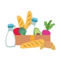 Grocery bag and box with vegetables milk bottle and bread isolated icon design