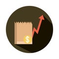 Grocery bag money going up arrow, rising food prices, block style icon