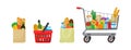 Grocery bag set. Food basket and market cart. Purchase products, shop and store concept. Cartoon vector illustration Royalty Free Stock Photo