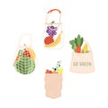 Grocery bags. Shopping food bag, organic supermarket shop packaging. Fresh fruits vegetables market packs, doodle