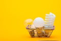 In the grocery basket are different types of light bulbs - incandescent, energy-saving and LED