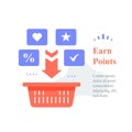 Grocery basket, earn points for purchase, loyalty program, reward or incentive, collect bonus, buy more