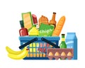 Grocery basket with food assortment flat vector illustration