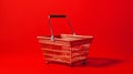 Grocery basket isolated on red background. Generative AI Royalty Free Stock Photo