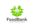 Grocery box, food, fork and spoon, logo design. Food bank, charitable foundation and organizations, vector design