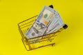 Grocery cart with currency US dollar banknotes close-up