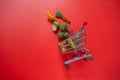 grocery consumer basket.food cost.Rising food prices.Shopping cart with groceries on a red background.Vegetables and Royalty Free Stock Photo