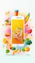 Grocery delivery app depiction with whimsical fruit and vegetable markers