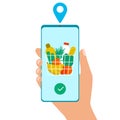 Grocery delivery at home. Hand hold smartphone app for shopping goods. Shopping cart for buyer with fresh vegetables, food and