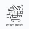 Grocery delivery line icon. Vector outline illustration of store shopping cart. Supermarket equipment pictorgam