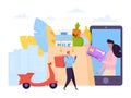 Grocery delivery service online, order food in smartphone shop, vector illustration. People character use mobile store