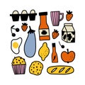 Grocery doodle set. Cute cartoon breakfast snacks bundle.