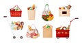 Grocery food bags. Supermarket cart and basket with daily meal products. Cartoon paper sacks for purchases. Shopping