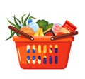 Grocery food basket vector flat illustration. Plastic supermarket cart with handle