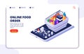 Grocery food delivery isometric concept. Online order with mobile phone app. Internet food restaurant vector banner or