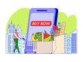 Grocery food shop at mobile application, vector illustration. Make purchase at online store, customer with trolley near