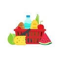 Grocery food shopping basket vector illustration flat carton design, fresh healthy organic meal isolated clipart