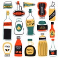 Grocery hand drawn set. Flat sauce icons