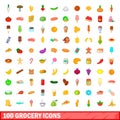 100 grocery icons set, cartoon style Royalty Free Stock Photo