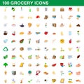 100 grocery icons set, cartoon style Royalty Free Stock Photo