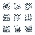 Grocery line icons. linear set. quality vector line set such as cart, handbag, chiken leg, pumpkin, shopping store, grapes, pear