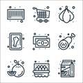 grocery line icons. linear set. quality vector line set such as orange juice, eggs, lemon, chicken leg, money, chicken leg, onion