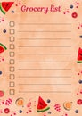 Grocery list template with watercolor illustration of assorted fruits. Design for print notebooks