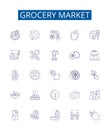 Grocery market line icons signs set. Design collection of Groceries, Market, Supermarket, Shopping, Fruits, Vegetables