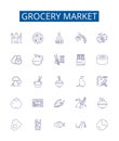 Grocery market line icons signs set. Design collection of Groceries, Market, Supermarket, Shopping, Fruits, Vegetables